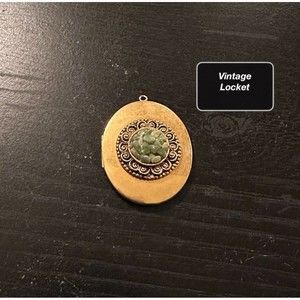 Vintage Locket Large Statement Green & Gold Tone Oval - No Chain Included